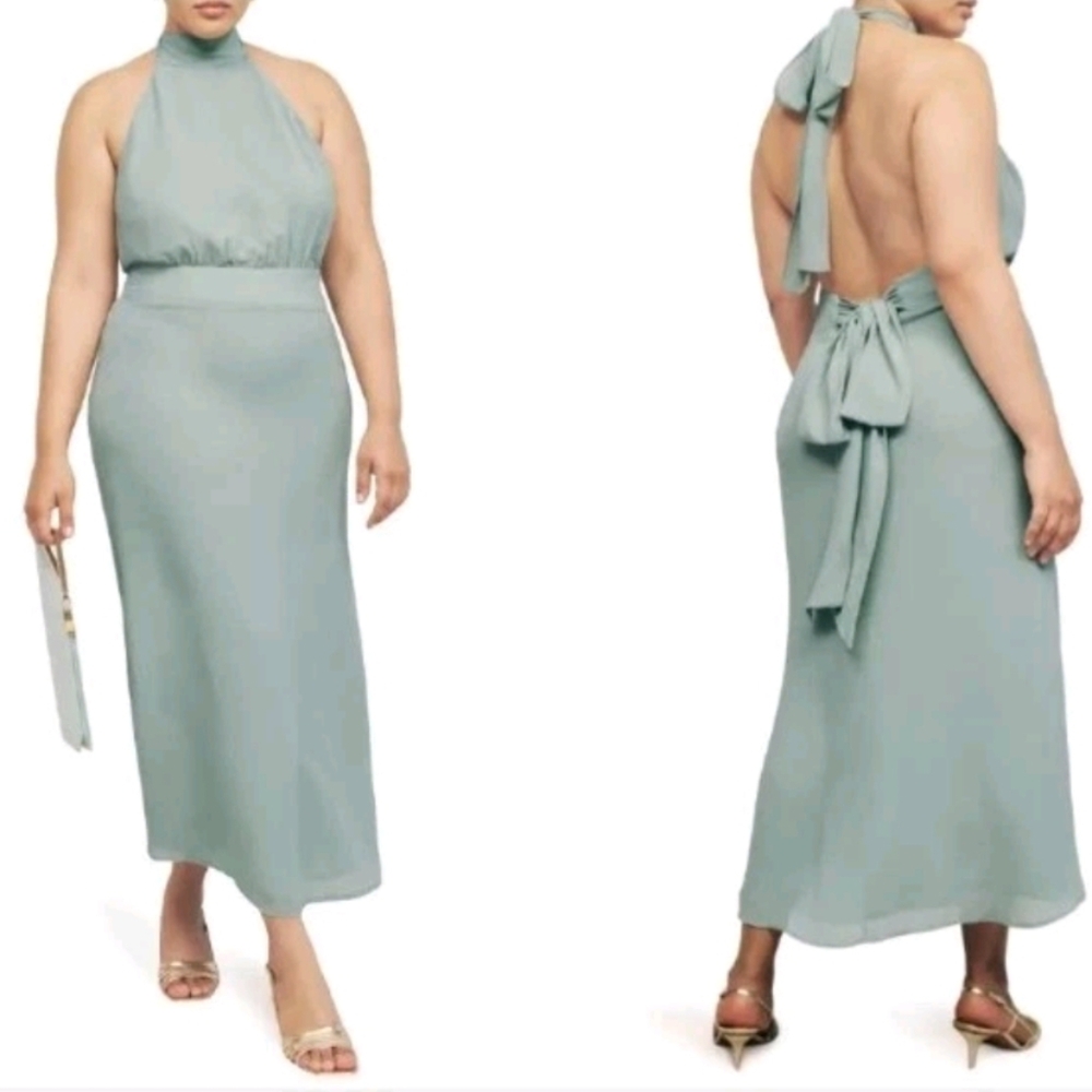 Reformation Celadon Mint Green Lizbeth Halter Open Back Fitted Midi Dress Size 8